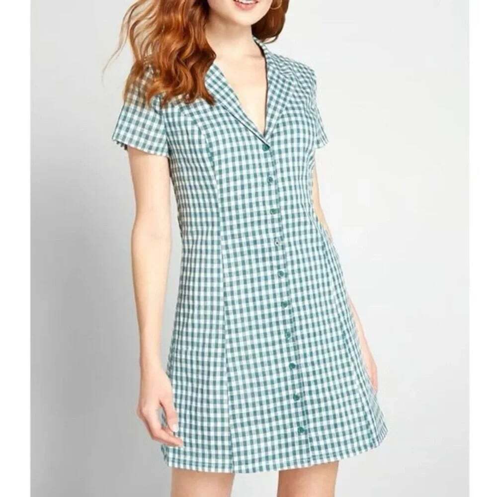 MODCLOTH Women Linen Blend Daytime Dynamo Plaid Mini Shirt Dress Sz 8 Green 22-8